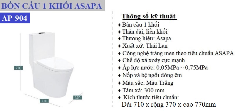 Thông số kỹ thuật bồn cầu một khối Asapa cao cấp AP-904