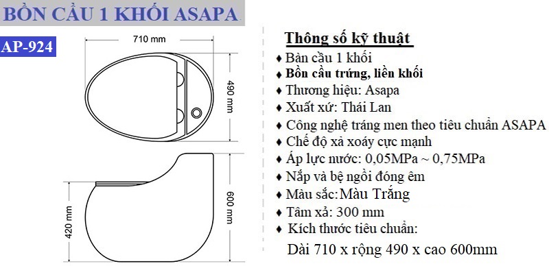 Thông số kỹ thuật bồn cầu một khối Asapa trứng trắng AP-924
