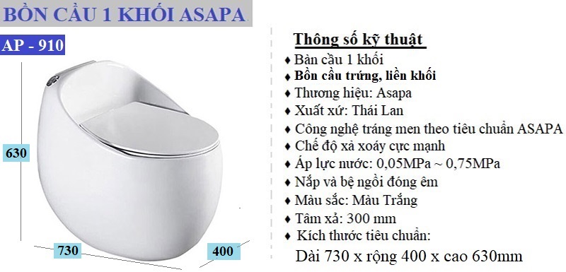 Thông số kỹ thuật bồn cầu trứng 1 khối có két nước Asapa AP-910