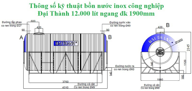Thông số kỹ thuật bồn nước inox sus 304 công nghiệp Đại Thành 12.000 lít ngang D1900mm