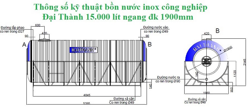 Thông số kỹ thuật bồn nước inox sus 304 công nghiệp Đại Thành 15.000 lít ngang D1900mm