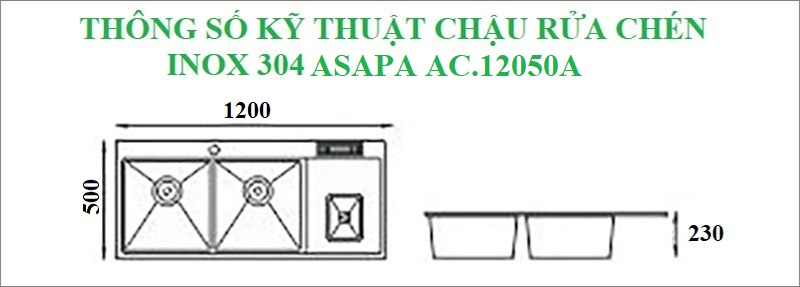 Thông số kỹ thuật chậu rửa chén inox 304 Asapa AC.12050A