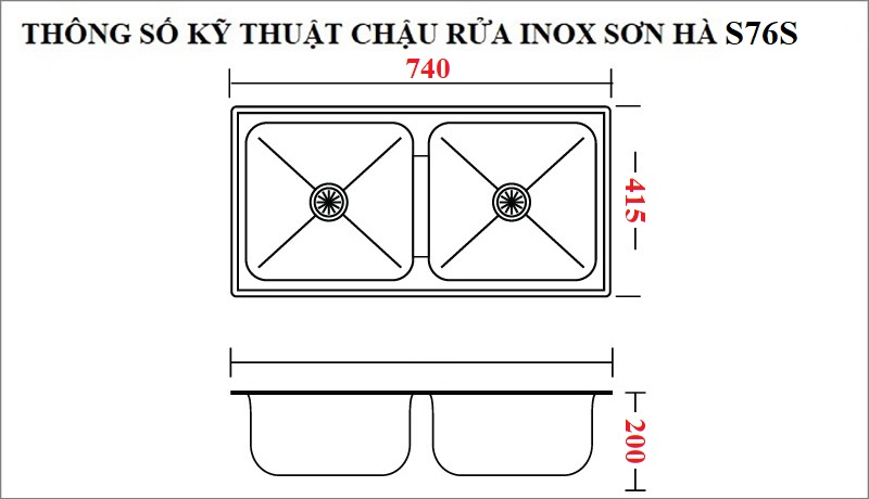 Thông số kỹ thuật chậu rửa chén inox Sơn Hà S76S