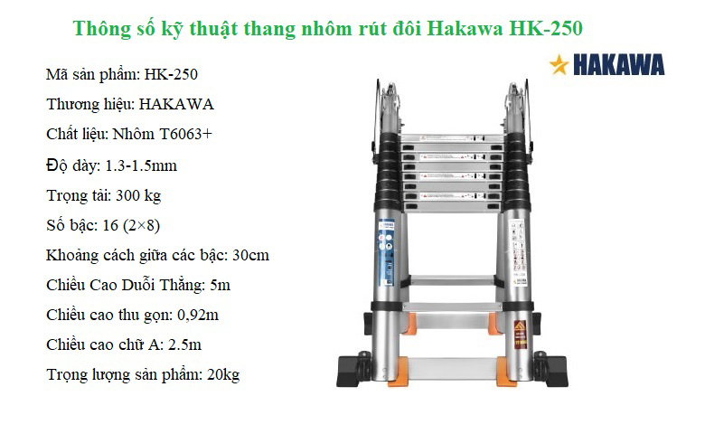 Thông số kỹ thuật thang nhôm rút đôi Hakawa HK-250