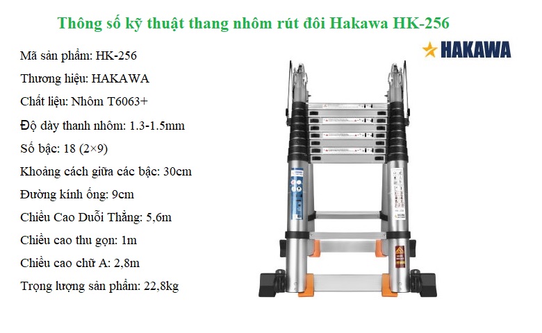 Thông số kỹ thuật thang nhôm rút đôi chữ A Hakawa HK-256