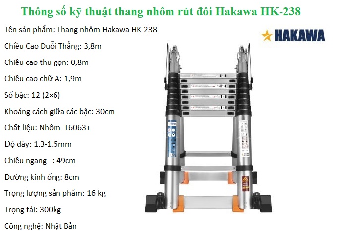 Thông số kỹ thuật thang nhôm rút đôi Hakawa HK-238