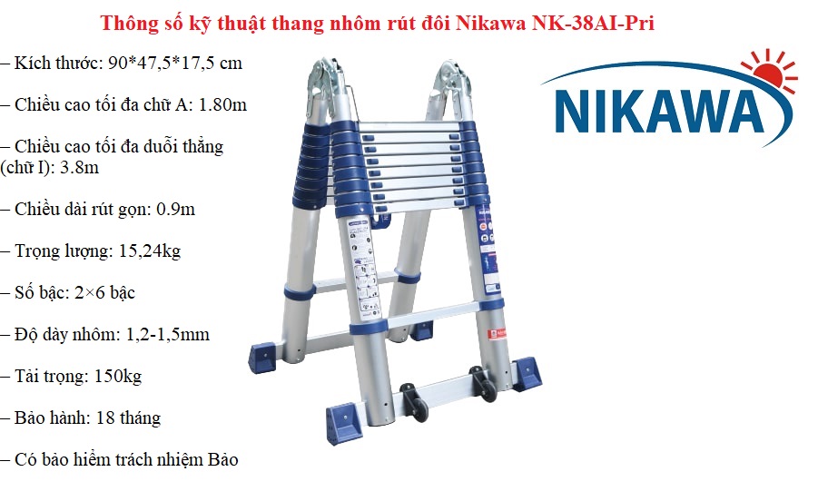 Thông số kỹ thuật thang nhôm rút đôi Nikawa NK-38AI-Pri