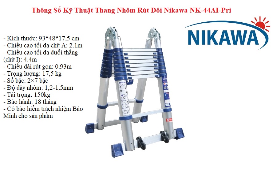 Thông số kỹ thuật thang nhôm rút đôi Nikawa NK-44AI-Pri