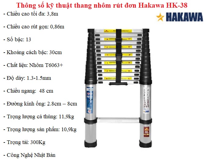 Thông số kỹ thuật thang nhôm rút đơn Hakawa HK-138