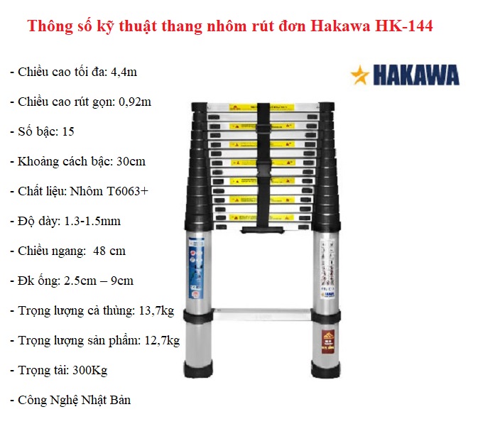 Thông số kỹ thuật thang nhôm rút đơn Hakawa HK-144