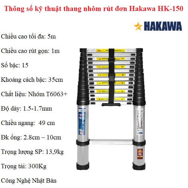 Thông số kỹ thuật thang nhôm rút đơn Hakawa HK-15