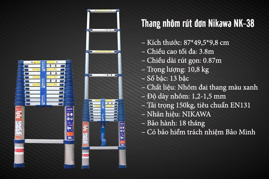 Thông số kỹ thuật thang nhôm rút đơn Nikawa NK-38