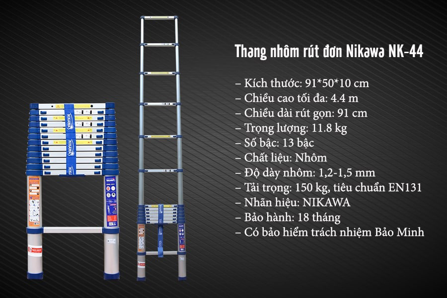 Thông số kỹ thuật thang nhôm rút đơn Nikawa NK-44