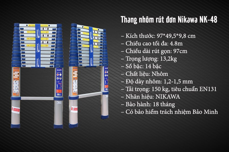 Thông số kỹ thuật thang nhôm rút gọn đơn Nikawa NK-48