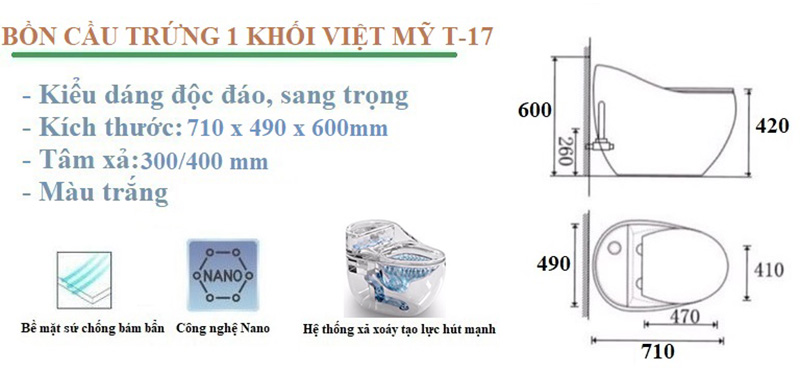 Tính năng bồn cầu 1 khối trứng Việt Mỹ màu trắng T-17