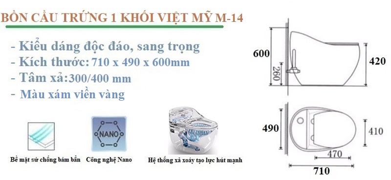 Tính năng bồn cầu 1 khối trứng Việt Mỹ xám viền vàng M-14