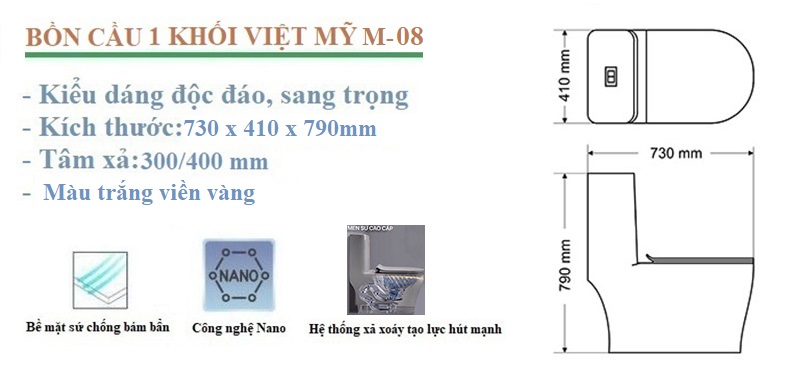 Tính năng bồn cầu 1 khối Việt Mỹ trắng viền vàng M-08