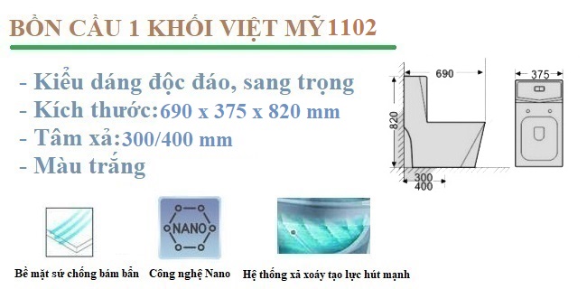 Tính năng nổi bật bồn cầu 1 khối Việt Mỹ 1102