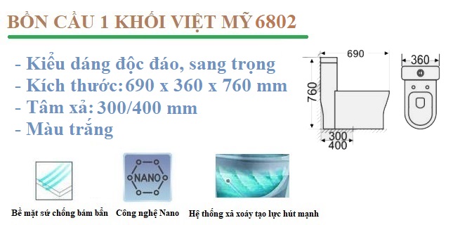 Tính năng nổi bật bồn cầu 1 khối Việt Mỹ 6802