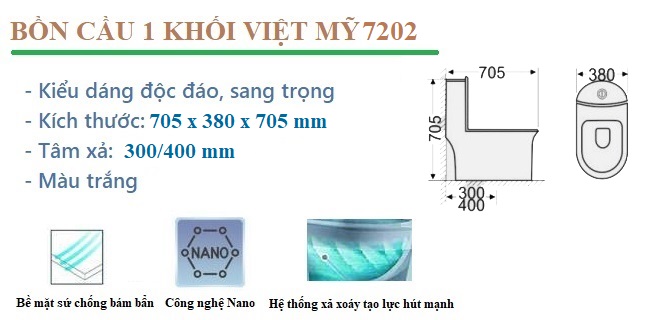 Tính năng nổi bật của bồn cầu 1 khối Việt Mỹ 7202