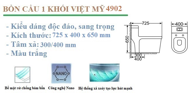 Tính năng nổi bật bồn cầu 1 khối Việt Mỹ 4902