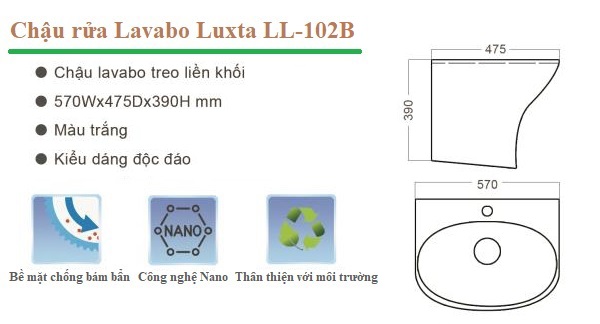 Tính năng nổi bật của chậu rửa mặt lavabo Luxta LL-102B liền khối treo tường