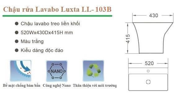 Tính năng nổi bât của chậu rửa lavabo Luxta LL-103B treo tường liền khối