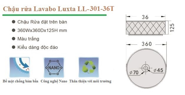 Tính năng nổi bật của chậu rửa lavabo Luxta LL-301-36T để bàn