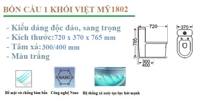 Tính năng nổi bật bồn cầu 1 khối Việt Mỹ 1802