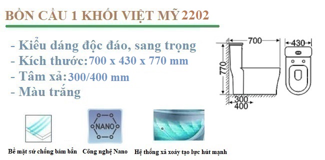 Tính năng nổi bật bồn cầu 1 khối Việt Mỹ 2202