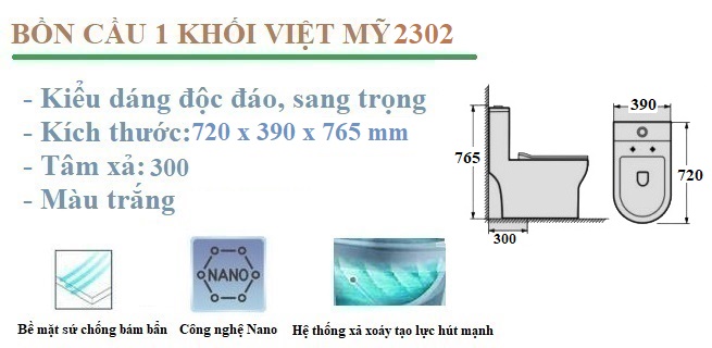 Tính năng nổi bật của bồn cầu Việt Mỹ 1 khối 2302