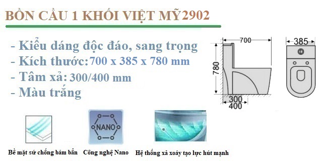 Tính năng nổi bật bồn cầu 1 khối Việt Mỹ 2902