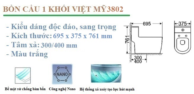 Tính năng nổi bật bồn cầu 1 khối Việt Mỹ 3802