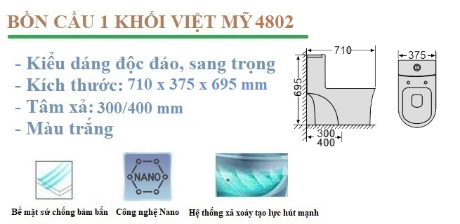 Tinh năng nổi bật của bồn cầu Việt Mỹ 1 khối 4802