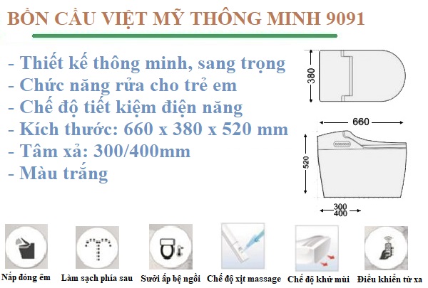 Tính năng nổi bật bồn cầu Việt Mỹ thông minh 9091