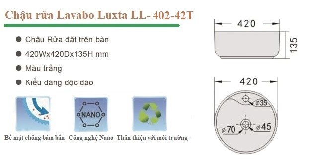Tính năng nổi bất của chậu lavabo Luxta LL-402-42T để bàn