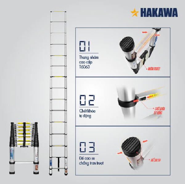 Tính năng nổi bật của thang nhôm rút đơn Hakawa HK-138