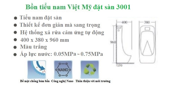 Ưu điểm bồn tiểu nam Việt Mỹ cảm ứng đặt sàn 3001