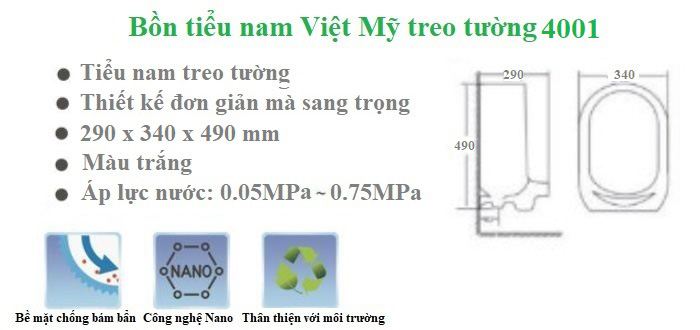 Ưu điểm bồn tiểu nam Việt Mỹ treo tường 4001