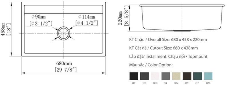 Bản vẽ và bảng màu chậu rửa chén đá CreaVe G-T6846E đặt nổi