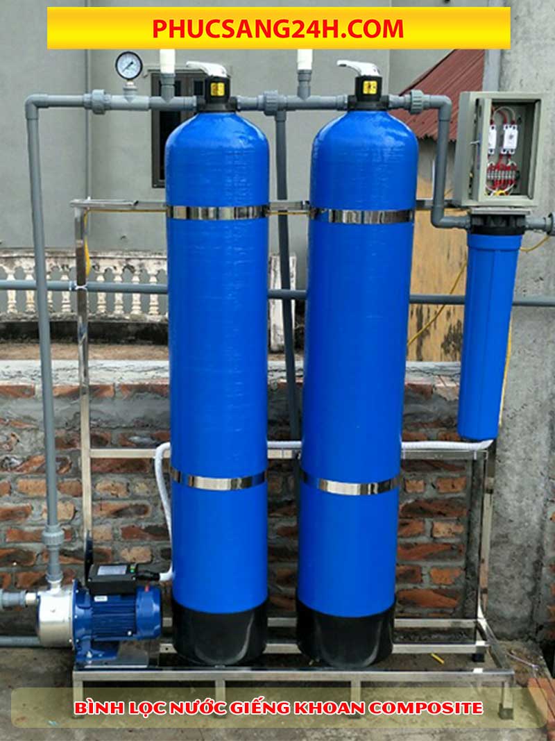 Lắp đặt hoàn thiện công trình lọc nước giếng khoan 2 bình Composite