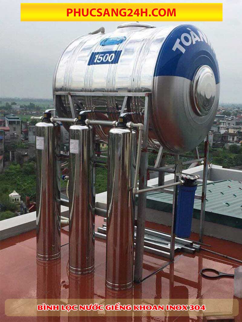 Hệ thống lọc nước giếng khoan inox phi 220 3 cột lọc sau khi lắp đặt hoàn thiện