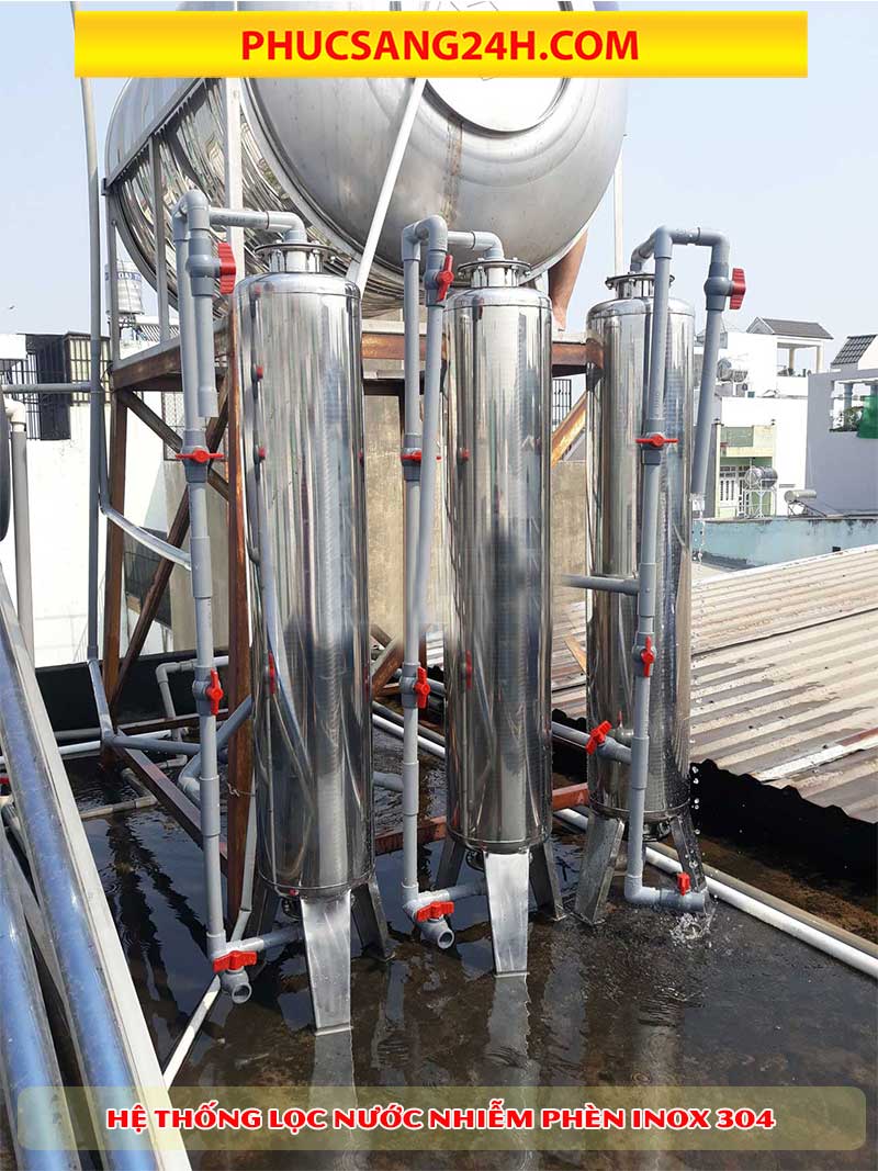 Công trình lọc nước giếng khoan nhiễm phèn 3 bình inox phi 250