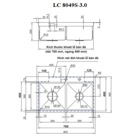 cấu tạo bồn rửa bát luxta lc 8049s-3-0