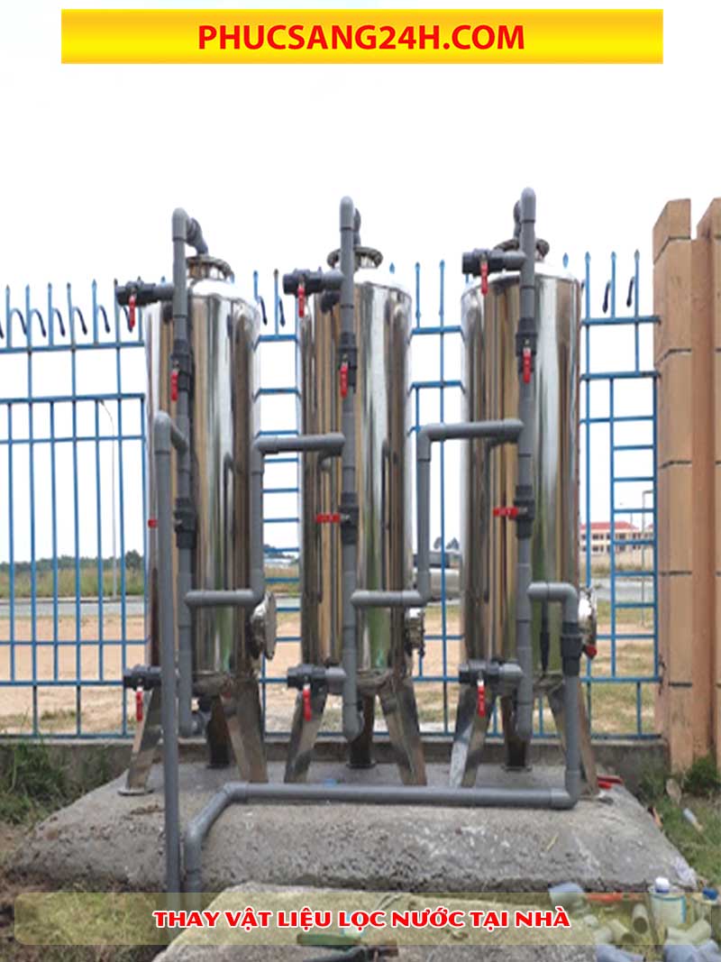 thay vật liệu lọc nước máy cột inox 3 bình tại Tân Bình