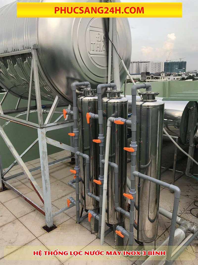 Hệ thống lọc nước máy 3 bình inox phi 220 sau khi lắp đặt hoàn thiện