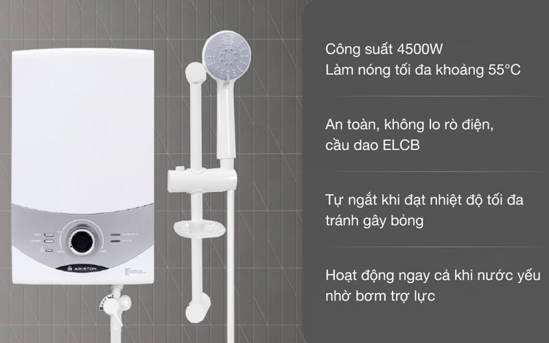 Máy nước nóng trực tiếp Ariston Aures Comfort SM45PE SBS-VN có bơm cùng nhiều tính năng thông minh
