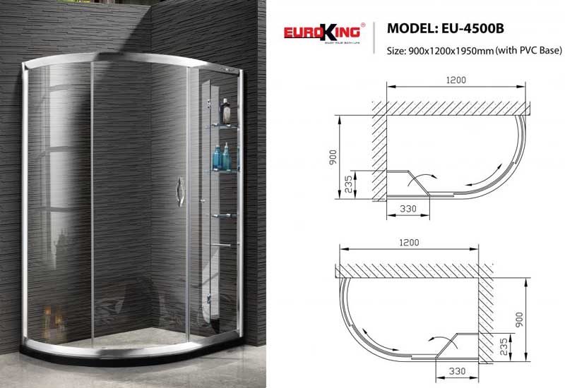Tham khảo kích thước kính nhà tắm Euroking EU-4500B không chân đế